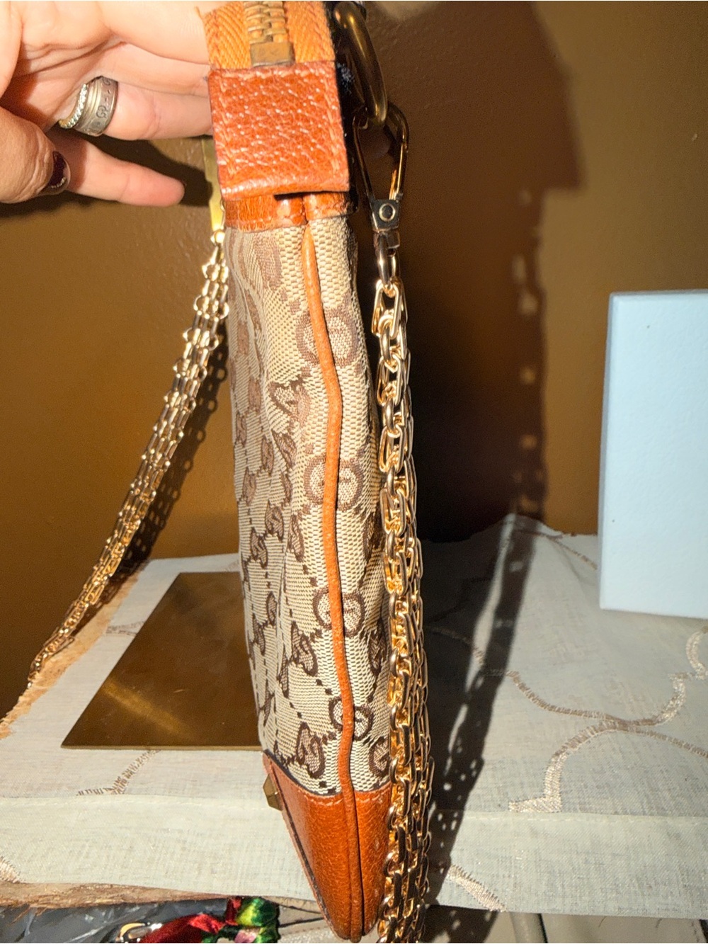 Gucci Brown GG Canvas and Leather Messenger Crossbody Bag w/ Added Chain Strap - Picture 5 of 7